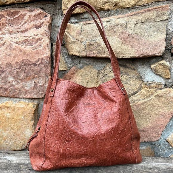 American Leather Company Handbags - American Leather Company Liberty Shopper Shoulder Bag Leather Tooled Brandy